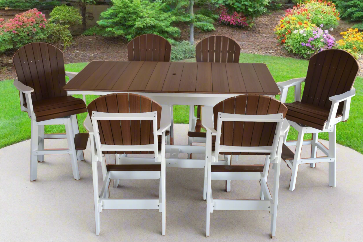 7 pc Table Set - 6' Rectangular Table with 2x Swivel Adirondack Chairs & 4x Adirondack Chairs - 48" Bar Height Dutch Country Patio, LLC